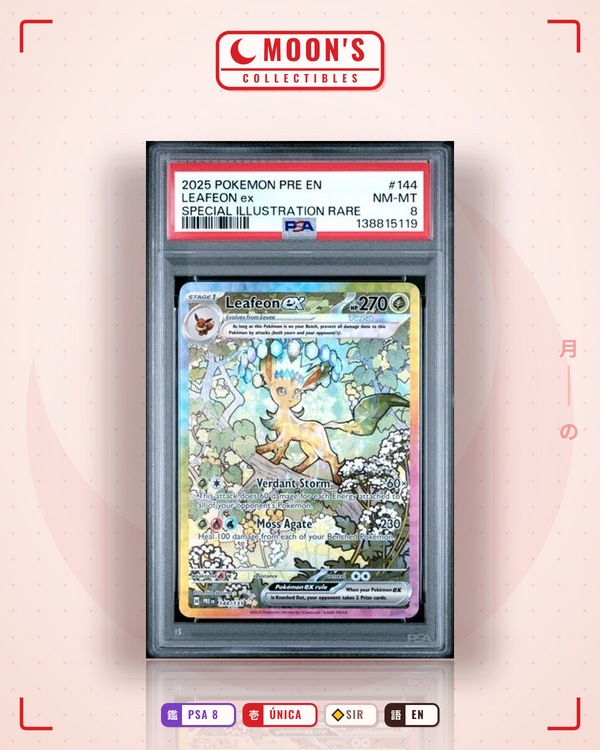 Carta Pokémon Leafeon ex · Prismatic Evolutions #144/131 (PSA 8) — pieza única en Moon's Collectibles México