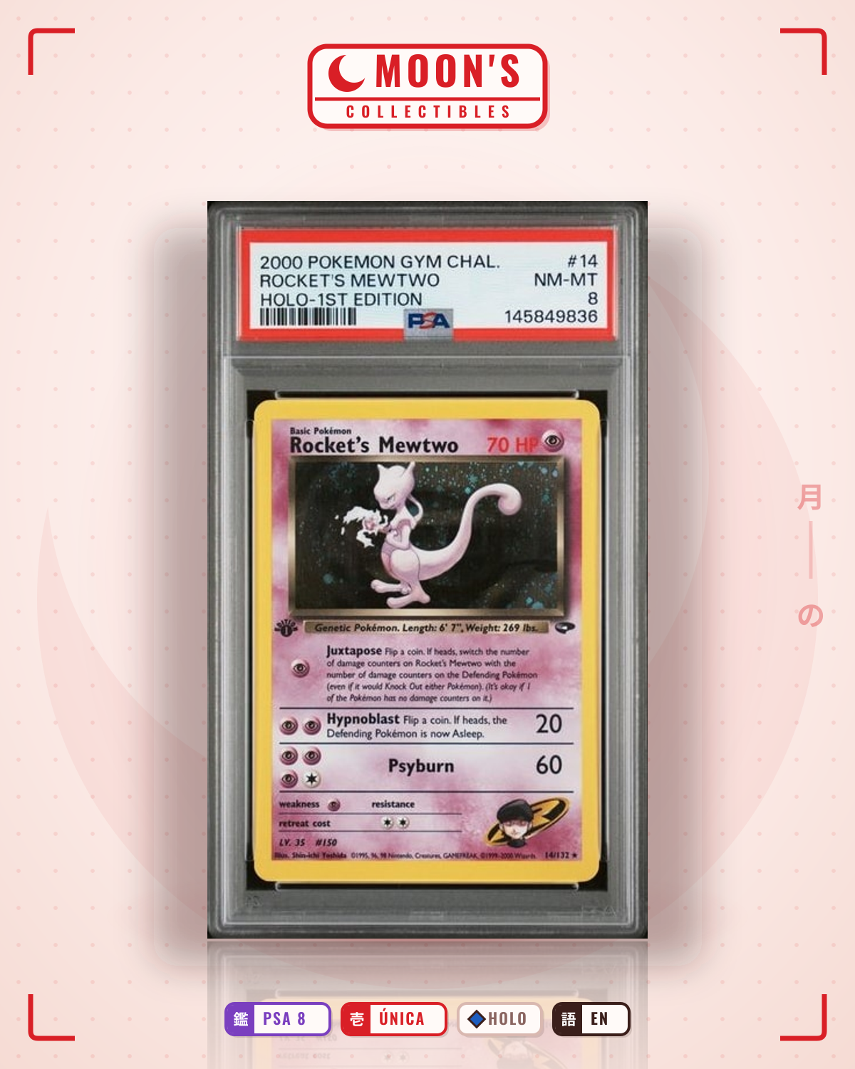 Carta Pokémon Rocket's Mewtwo · Gym Challenge #14/132 (PSA 8) — pieza única en Moon's Collectibles México