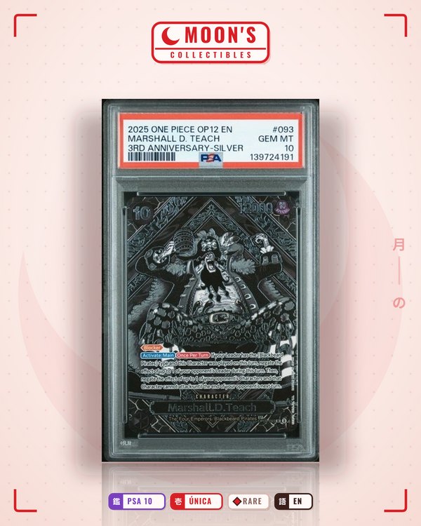 Carta Pokémon Marshall.D.Teach · Legacy of the Master #OP12-093 (PSA 10) — pieza única en Moon's Collectibles México