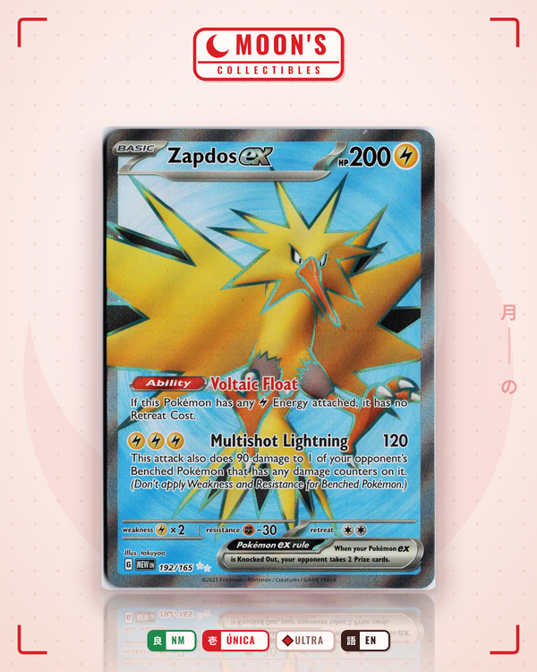 Carta Pokémon Zapdos ex · 151 #192/165 (NM) — pieza única en Moon's Collectibles México