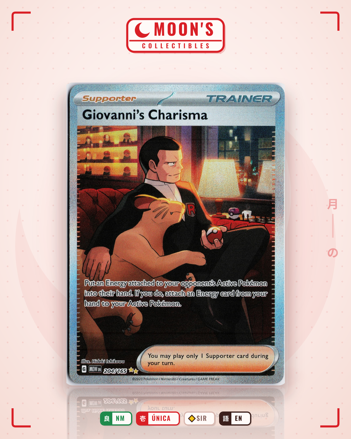 Carta Pokémon Giovanni's Charisma · 151 #204/165 (NM) — pieza única en Moon's Collectibles México