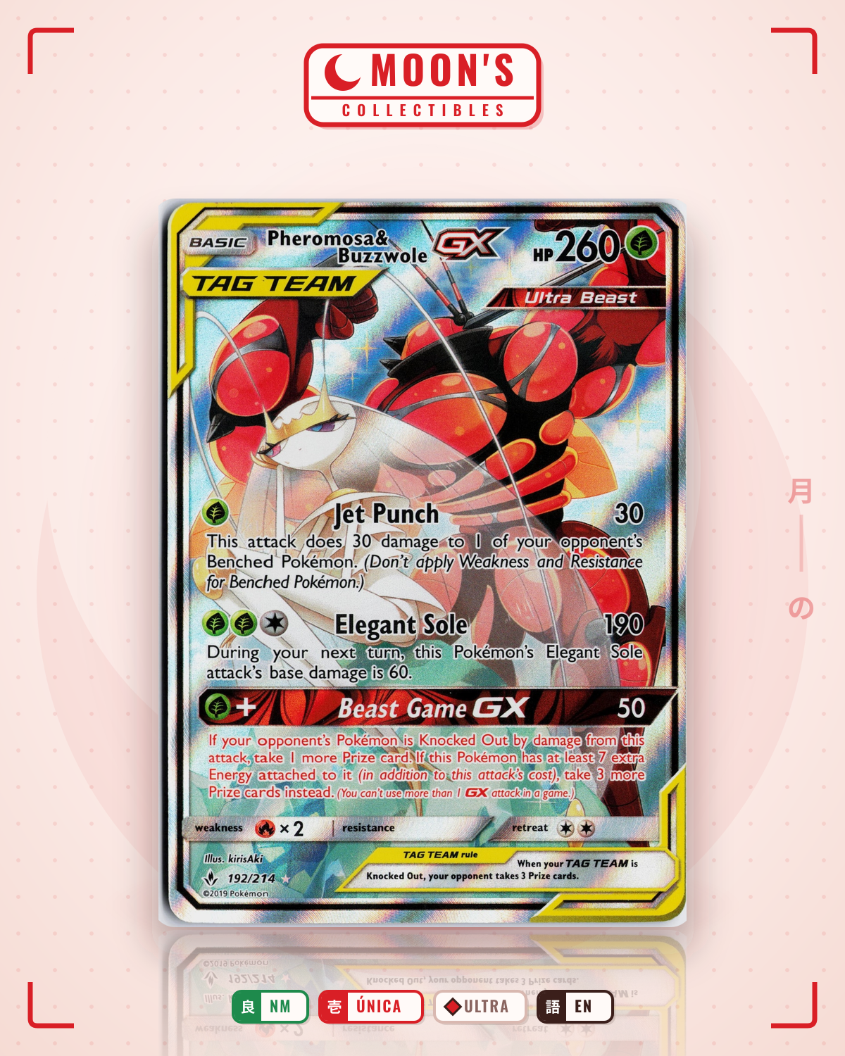 Carta Pokémon Pheromosa & Buzzwole-GX · Unbroken Bonds #192/214 (NM) — pieza única en Moon's Collectibles México