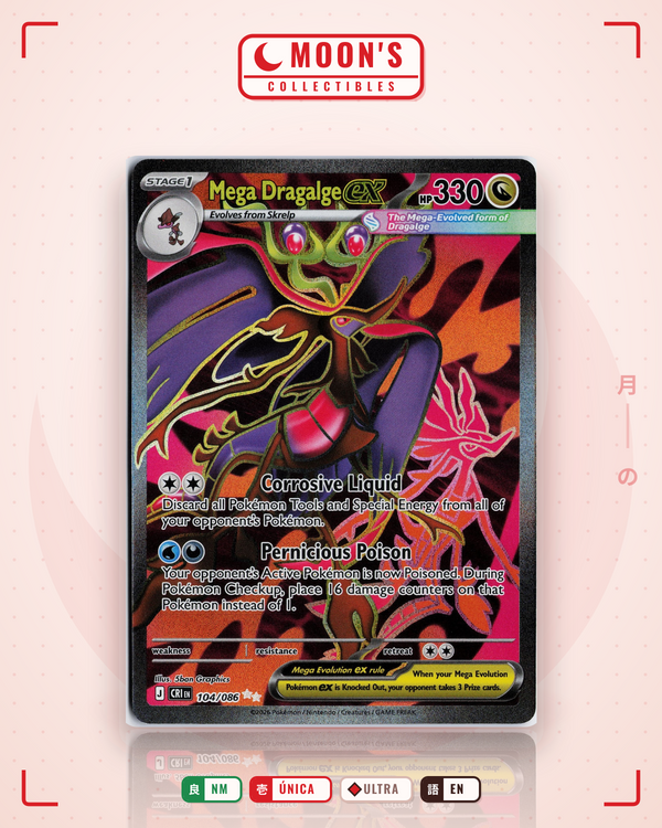 Carta Pokémon Mega Dragalge ex · Chaos Rising #104/086 (NM) — pieza única en Moon's Collectibles México