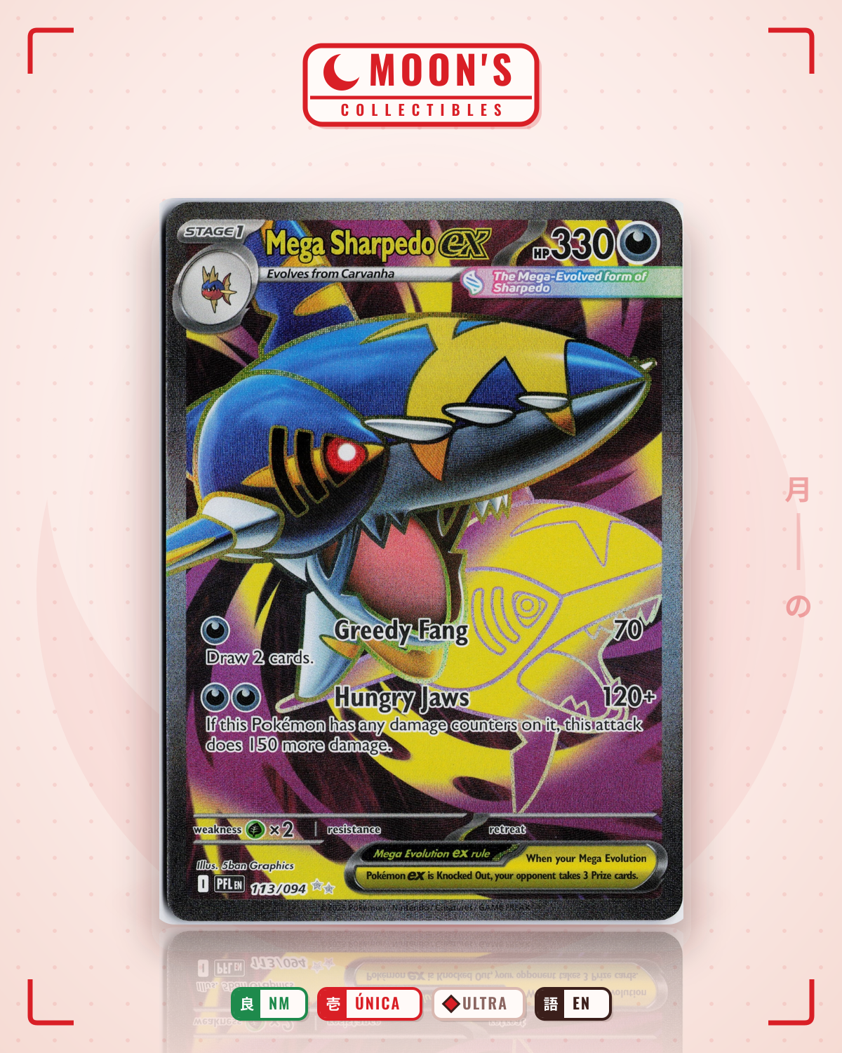 Carta Pokémon Mega Sharpedo ex · Phantasmal Flames #113/094 (NM) — pieza única en Moon's Collectibles México