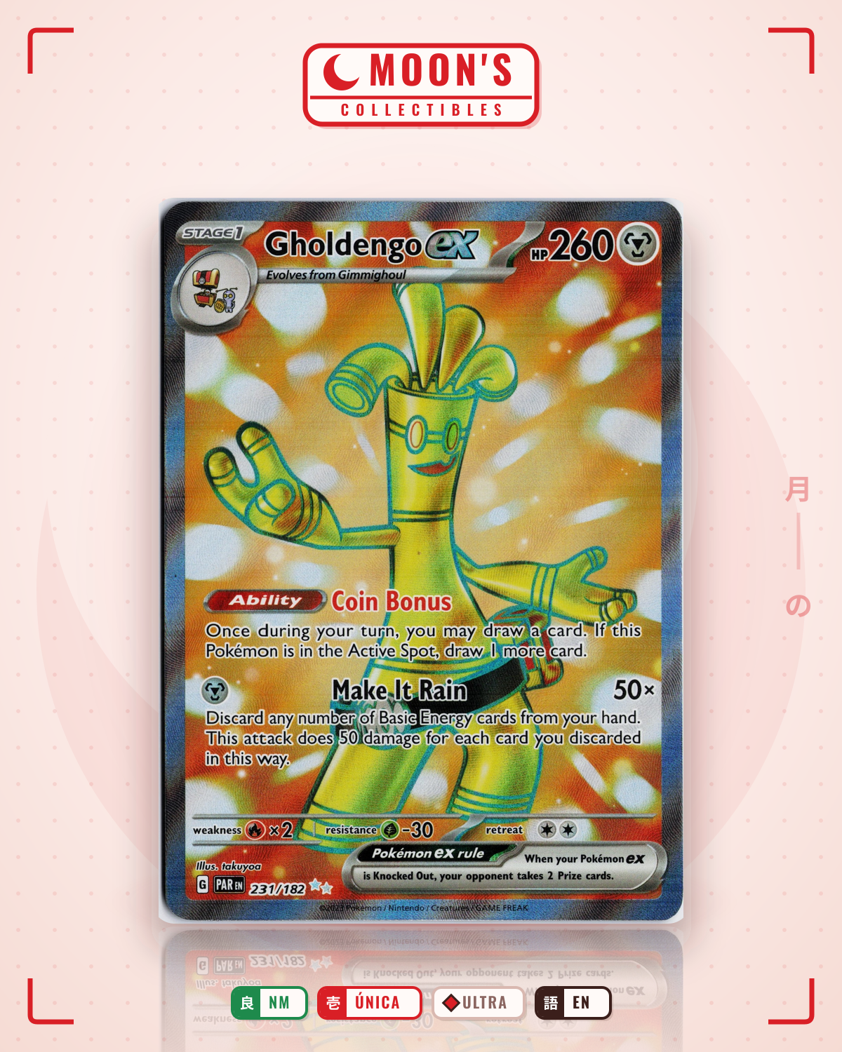 Carta Pokémon Gholdengo ex · Paradox Rift #231/182 (NM) — pieza única en Moon's Collectibles México