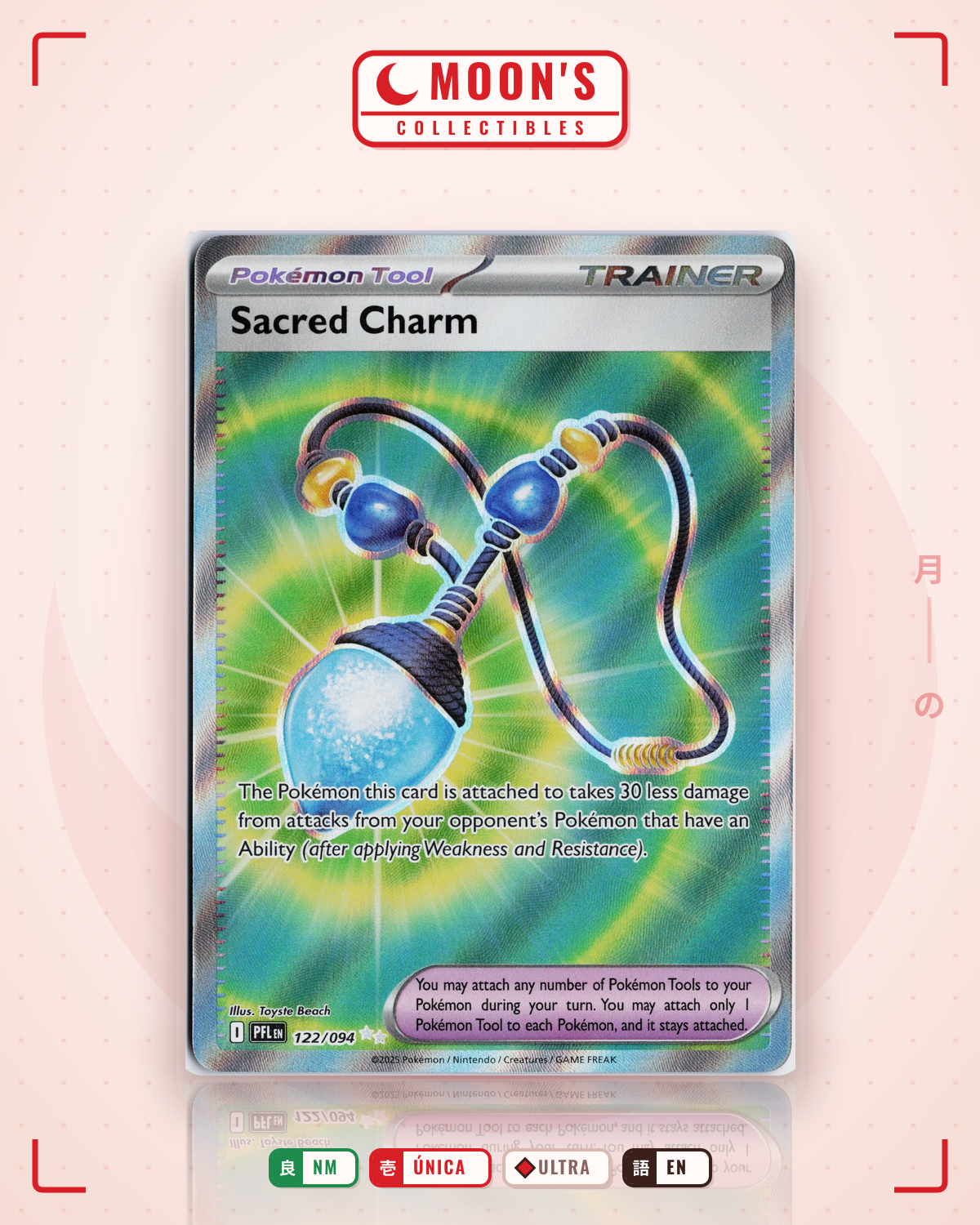 Carta Pokémon Sacred Charm · Phantasmal Flames #122/094 (NM) — pieza única en Moon's Collectibles México