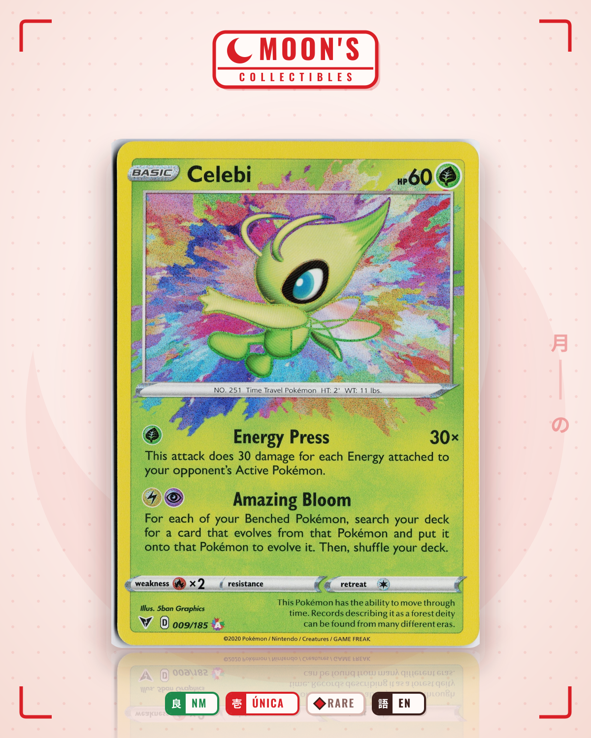Carta Pokémon Celebi · Vivid Voltage #009/185 (NM) — pieza única en Moon's Collectibles México