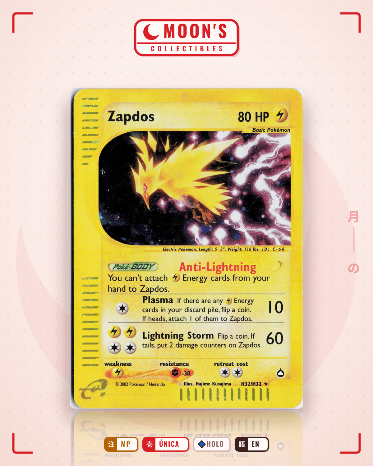Carta Pokémon Zapdos · Aquapolis #H32/H32 (MP) — pieza única en Moon's Collectibles México