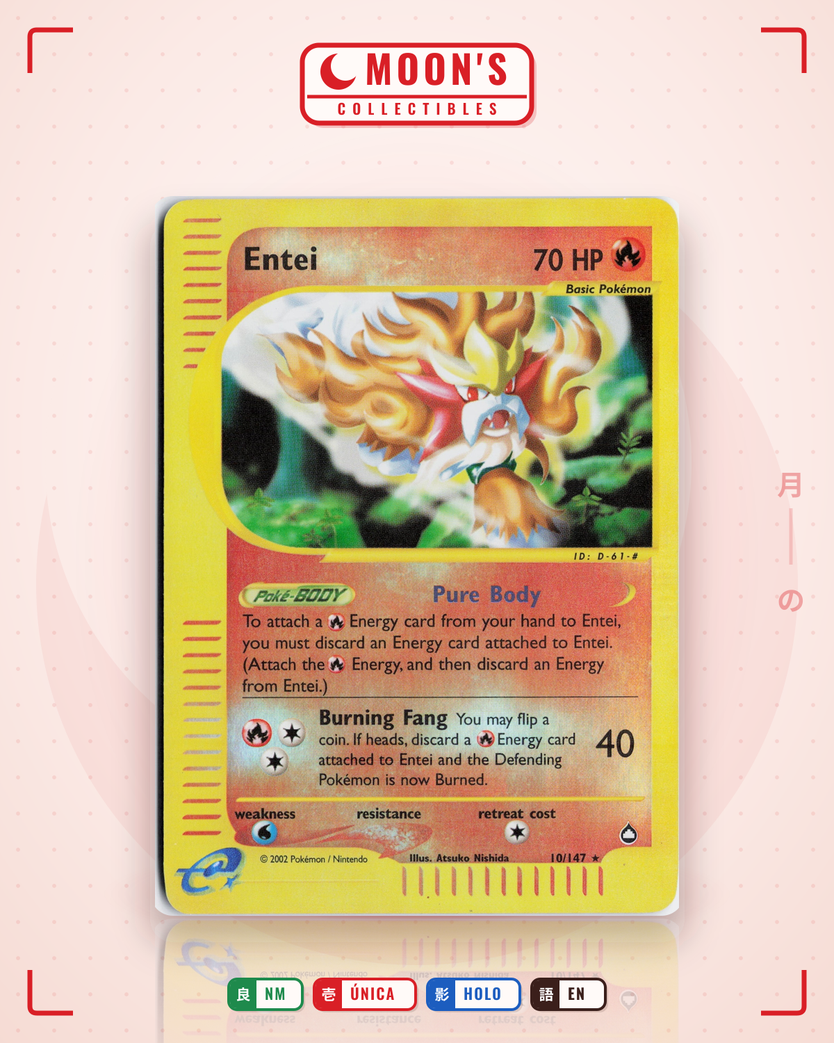 Carta Pokémon Entei · Aquapolis #10/147 (NM) — pieza única en Moon's Collectibles México