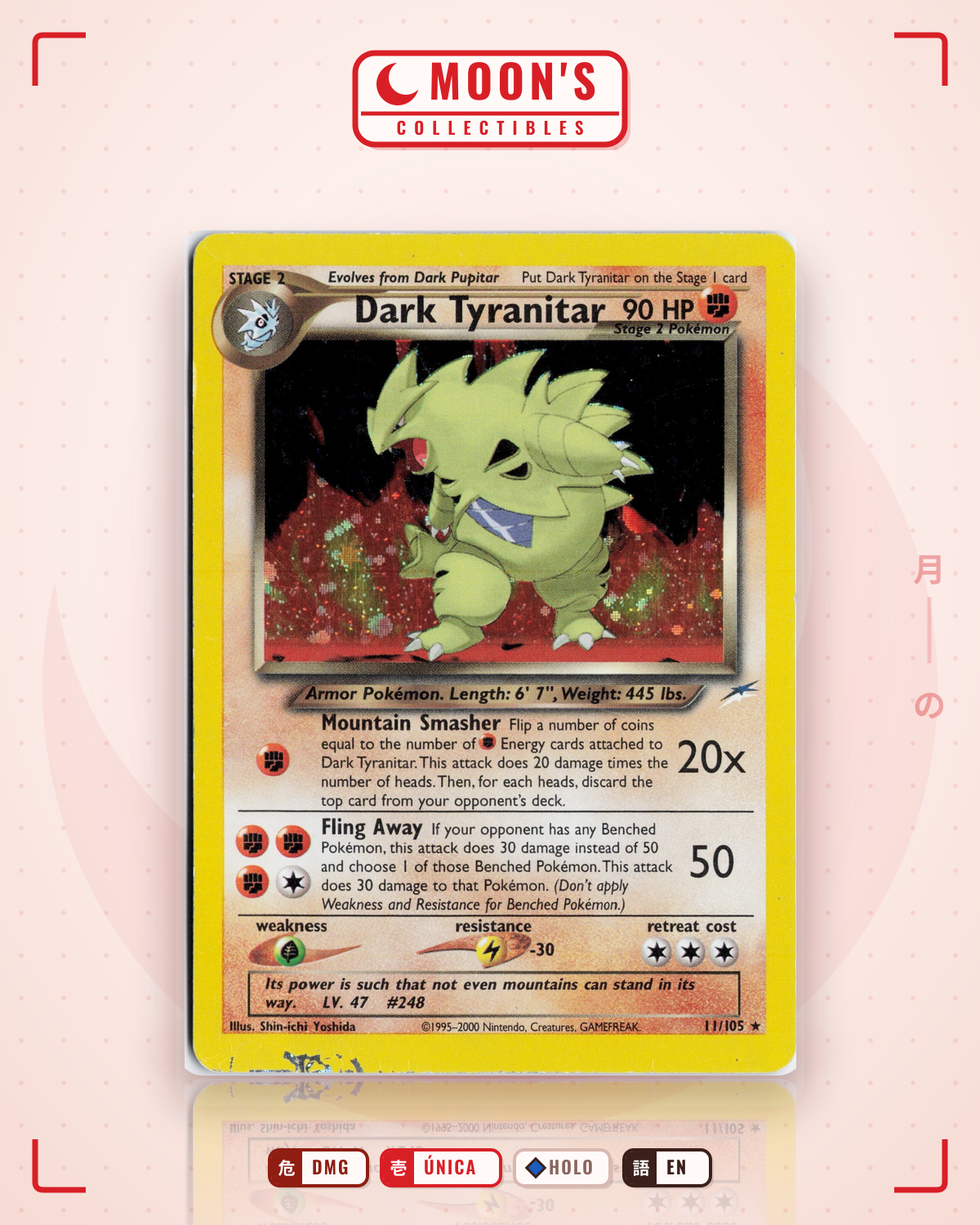 Carta Pokémon Dark Tyranitar · Neo Destiny #11/105 (DMG) — pieza única en Moon's Collectibles México
