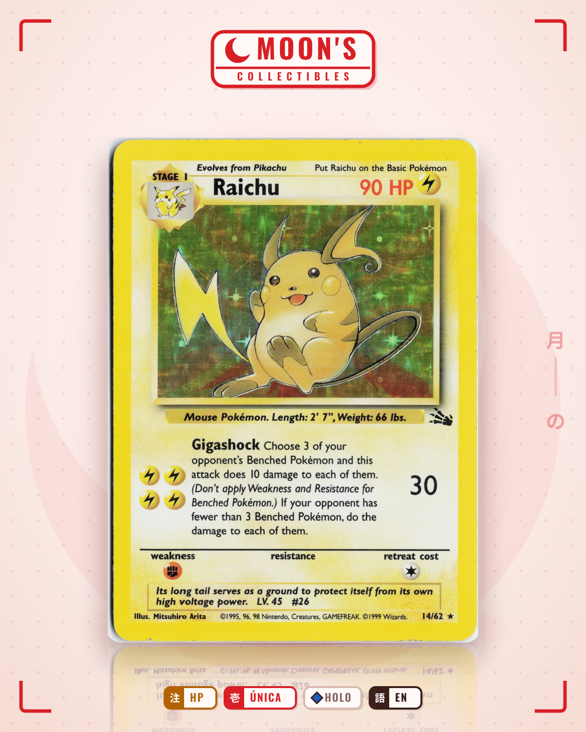 Carta Pokémon Raichu · Fossil #14/62 (HP) — pieza única en Moon's Collectibles México