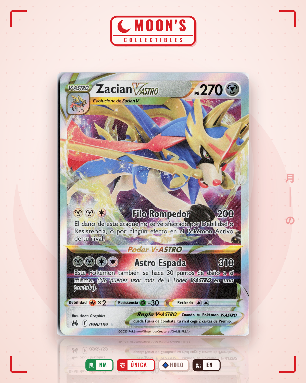 Carta Pokémon Zacian VSTAR · Crown Zenith #096/159 (NM) — pieza única en Moon's Collectibles México