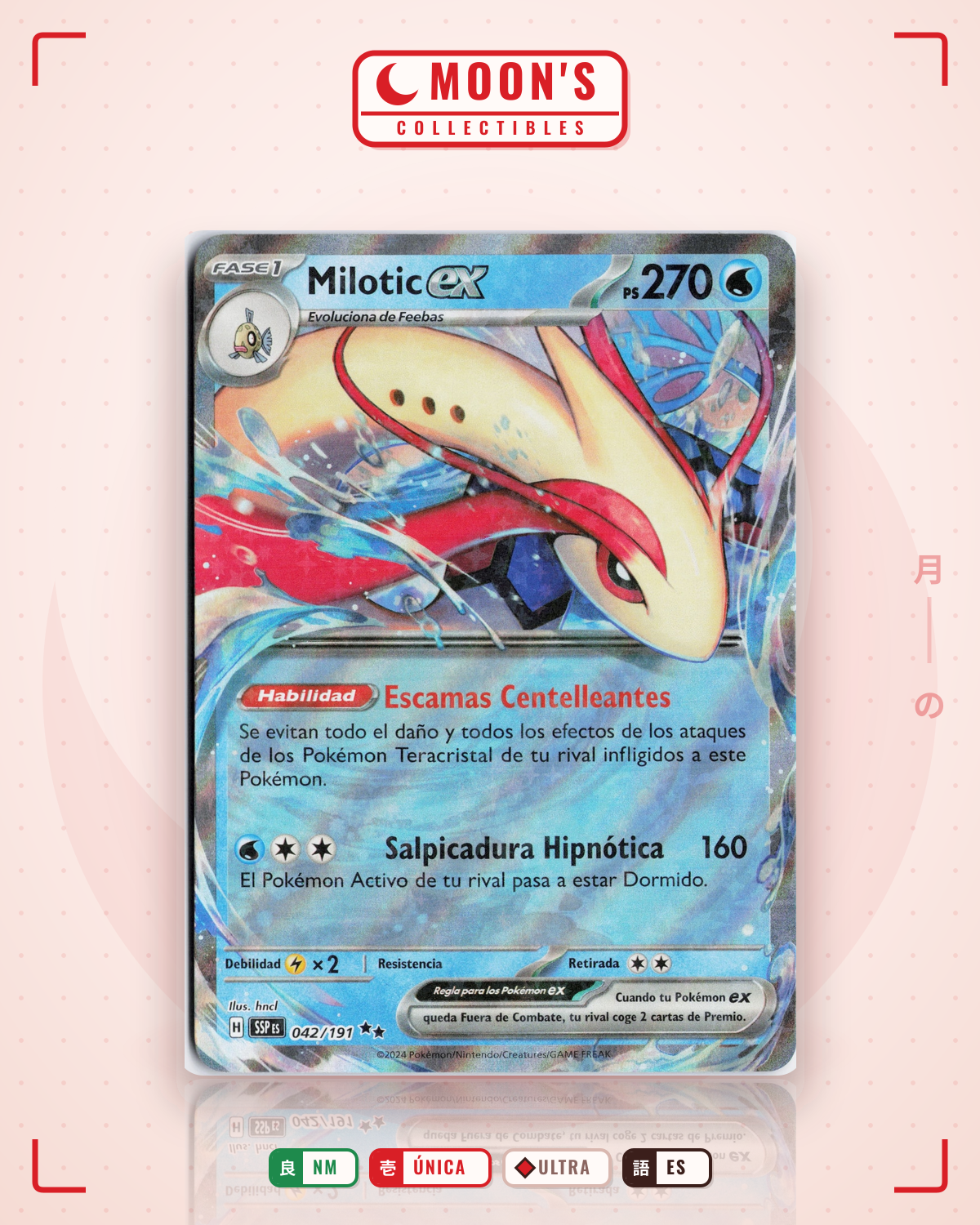 Carta Pokémon Milotic ex · Surging Sparks #042/191 (NM) — pieza única en Moon's Collectibles México