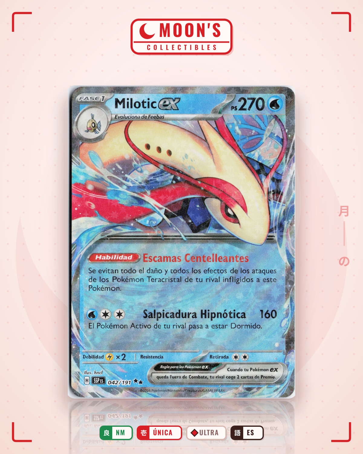 Carta Pokémon Milotic ex · Surging Sparks #042/191 (NM) — pieza única en Moon's Collectibles México