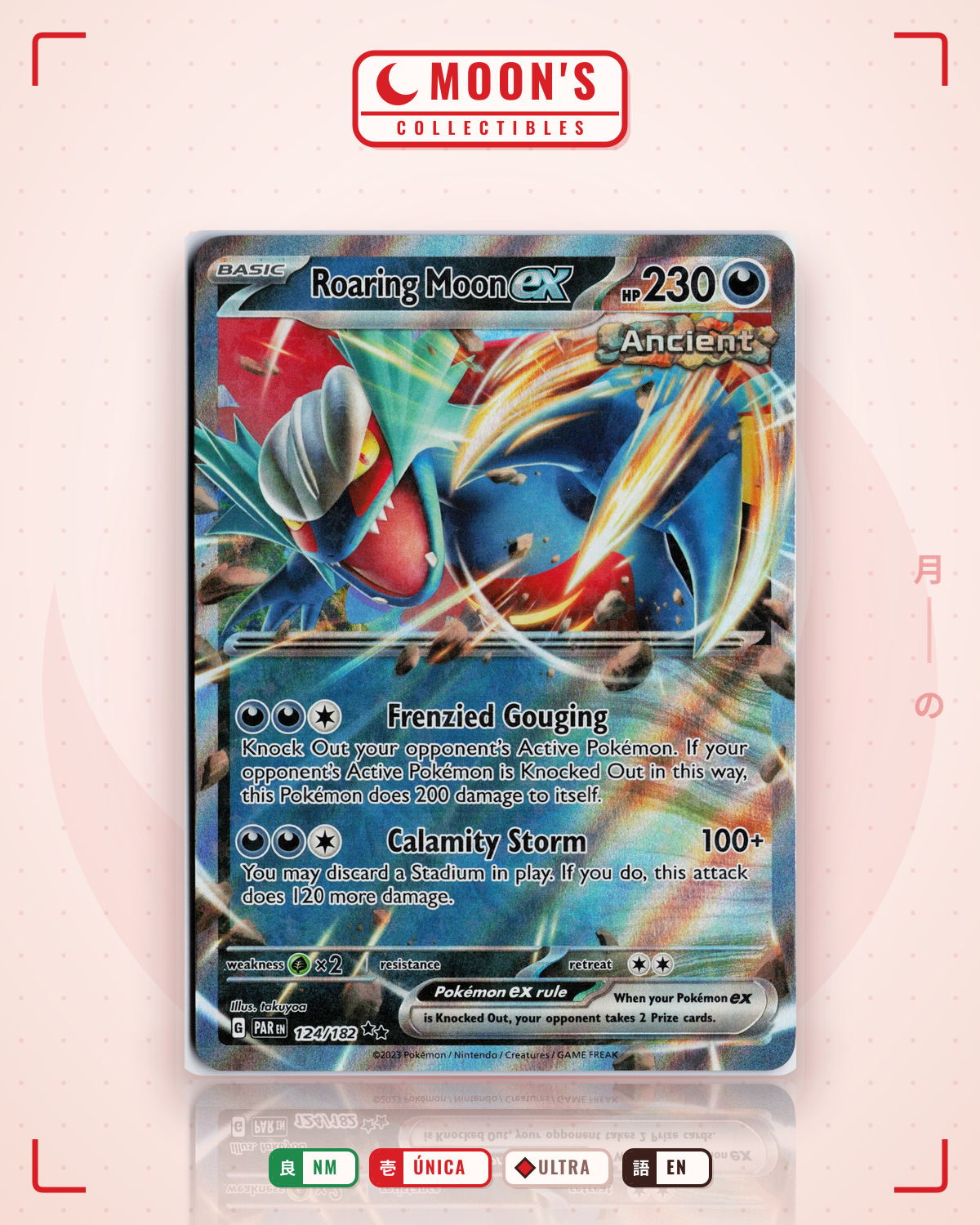 Carta Pokémon Roaring Moon ex · Paradox Rift #124/182 (NM) — pieza única en Moon's Collectibles México