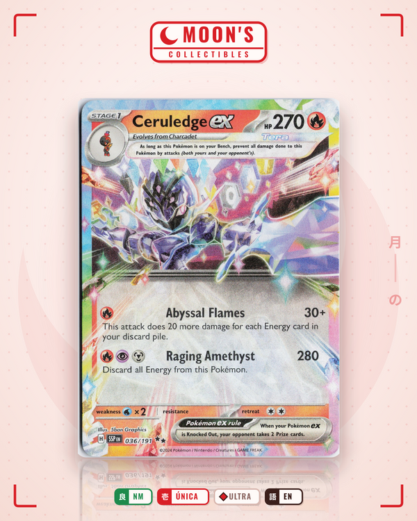 Carta Pokémon Ceruledge ex · Surging Sparks #036/191 (NM) — pieza única en Moon's Collectibles México