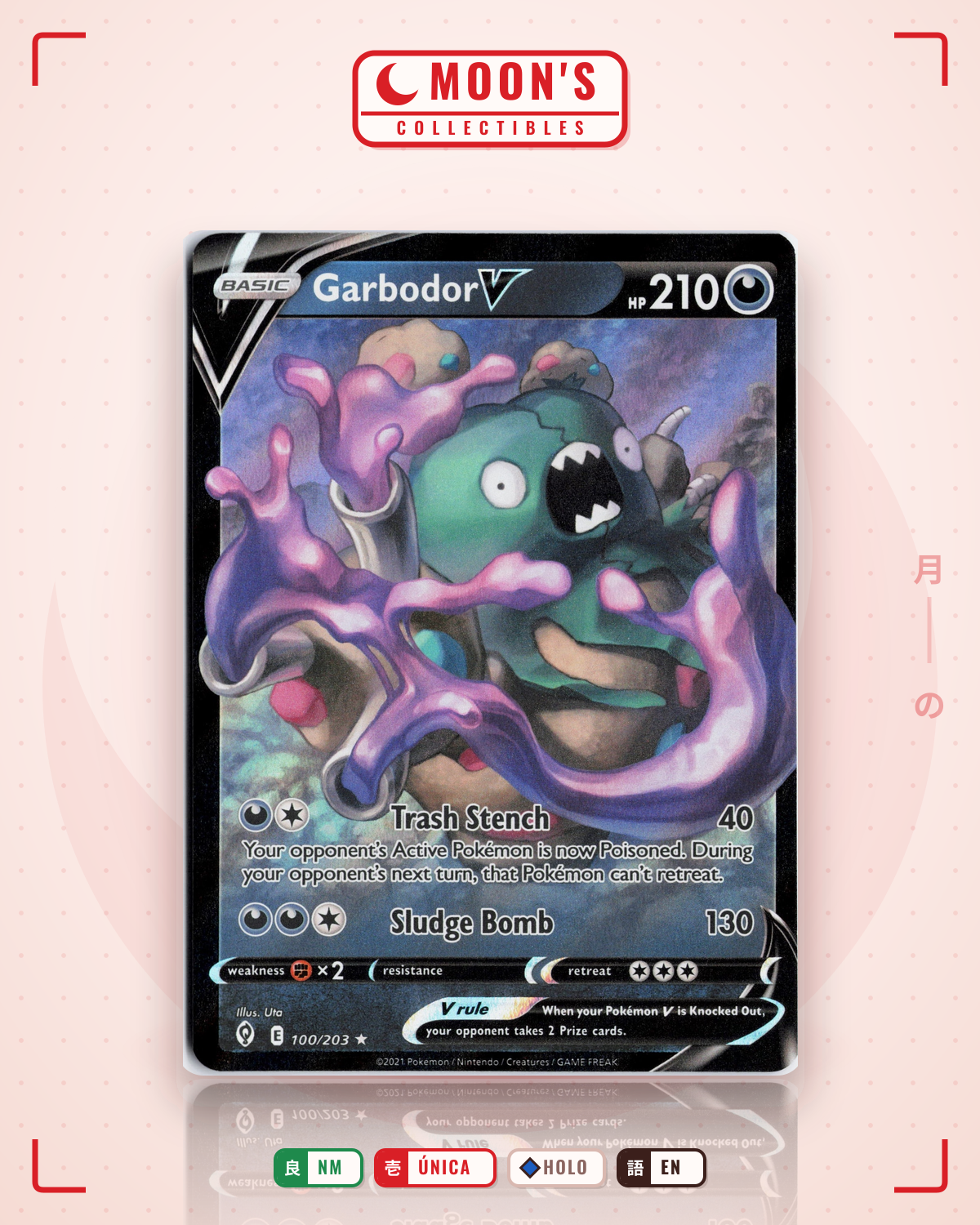 Carta Pokémon Garbodor V · Evolving Skies #100/203 (NM) — pieza única en Moon's Collectibles México