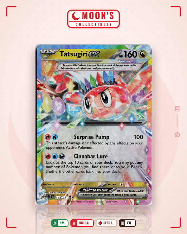 Carta Pokémon Tatsugiri ex · Surging Sparks #142/191 (NM) — pieza única en Moon's Collectibles México