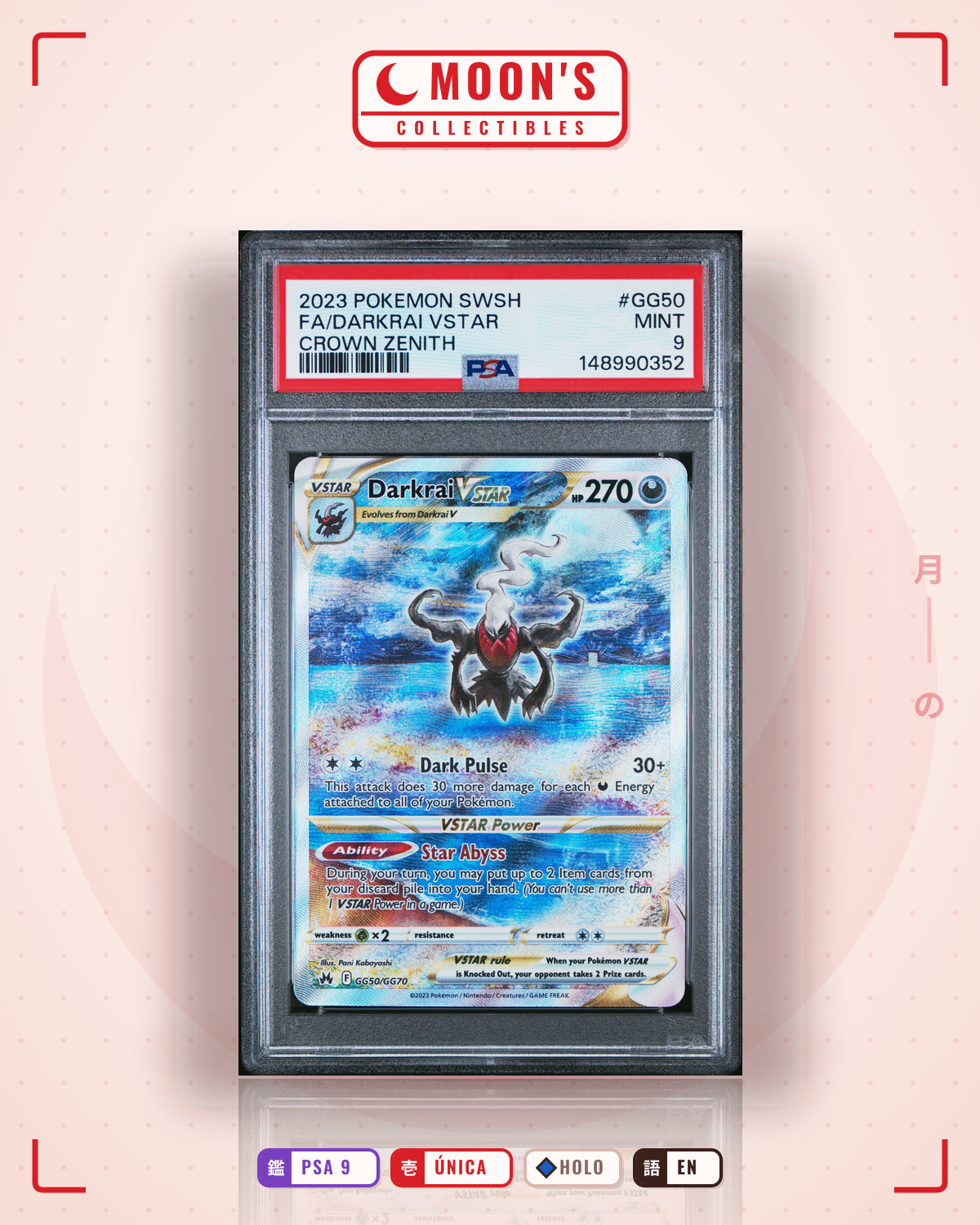 Carta Pokémon Darkrai VSTAR · Crown Zenith Galarian Gallery #GG50/GG70 (PSA 9) — pieza única en Moon's Collectibles México