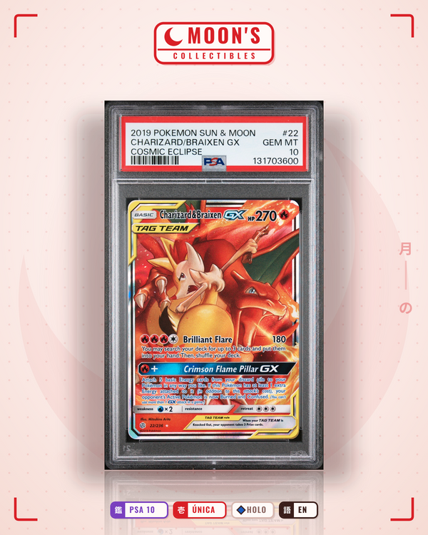 Carta Pokémon Charizard & Braixen-GX · Cosmic Eclipse #22/236 (PSA 10) — pieza única en Moon's Collectibles México