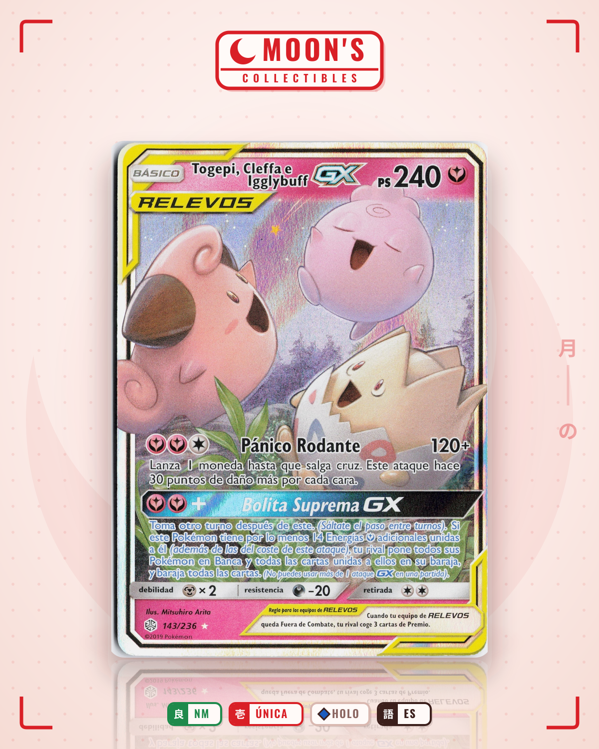 Carta Pokémon Togepi & Cleffa & Igglybuff-GX · Cosmic Eclipse #143/236 (NM) — pieza única en Moon's Collectibles México