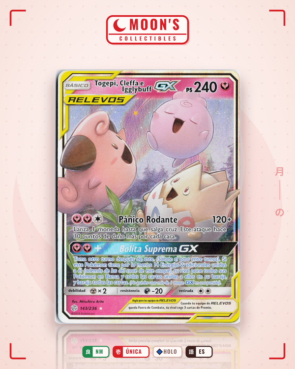 Carta Pokémon Togepi & Cleffa & Igglybuff-GX · Cosmic Eclipse #143/236 (NM) — pieza única en Moon's Collectibles México