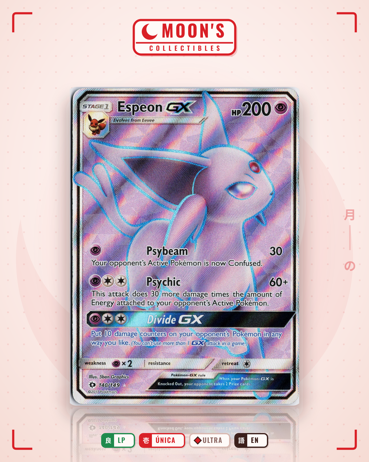 Carta Pokémon Espeon-GX · Sun & Moon #140/149 (LP) — pieza única en Moon's Collectibles México
