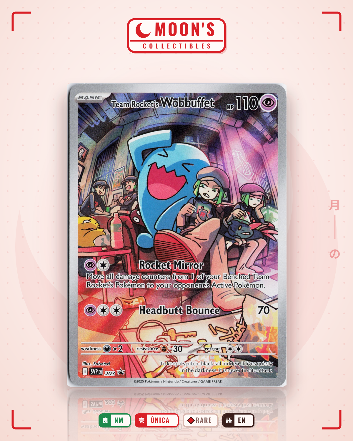 Carta Pokémon Team Rocket's Wobbuffet · Scarlet & Violet Black Star Promos #203 (NM) — pieza única en Moon's Collectibles México