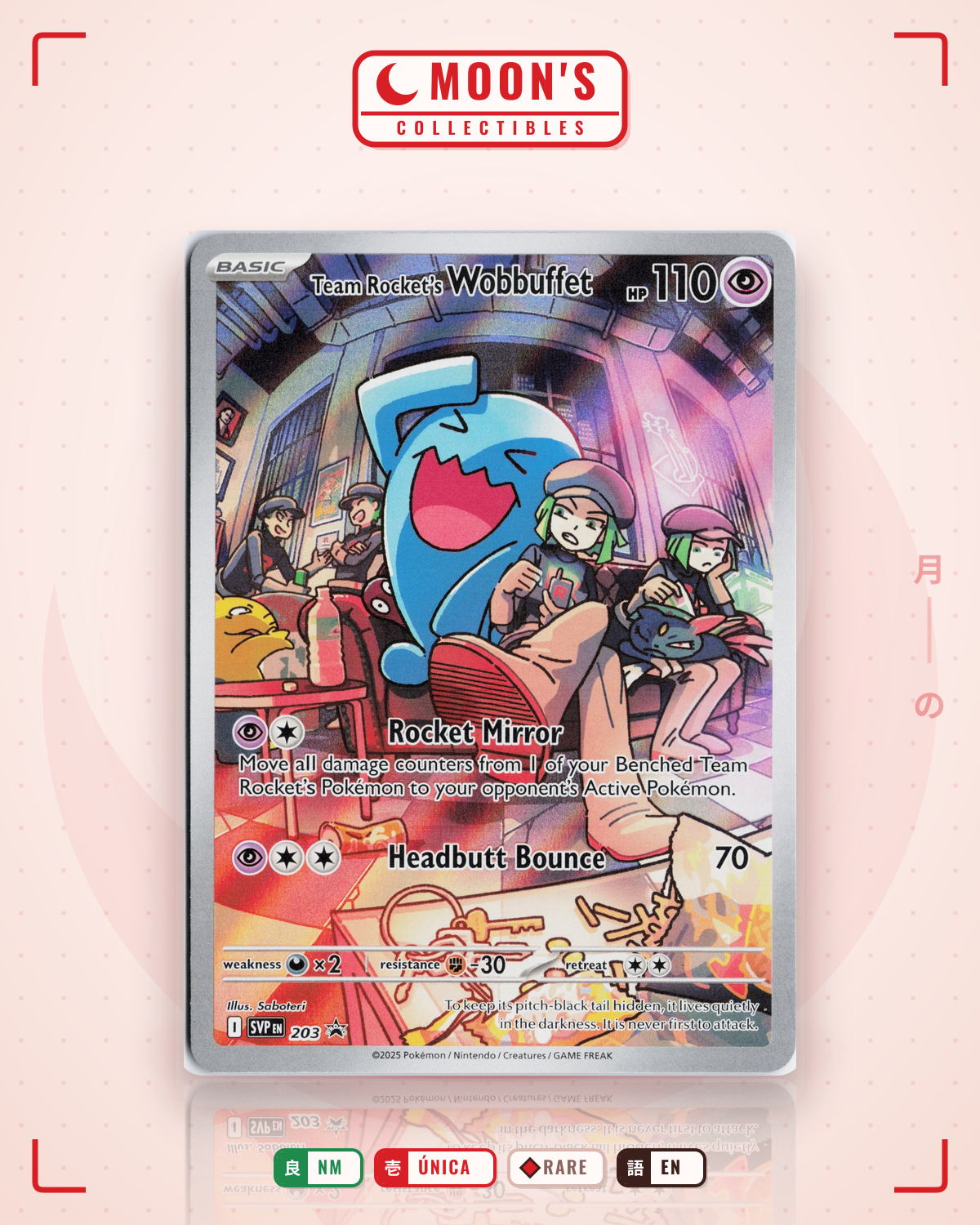 Carta Pokémon Team Rocket's Wobbuffet · Scarlet & Violet Black Star Promos #203 (NM) — pieza única en Moon's Collectibles México