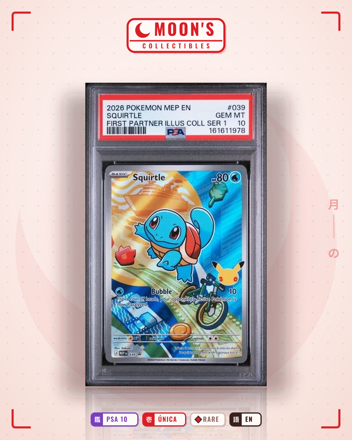 Carta Pokémon Squirtle · Mega Evolution Black Star Promos #039 (PSA 10) — pieza única en Moon's Collectibles México