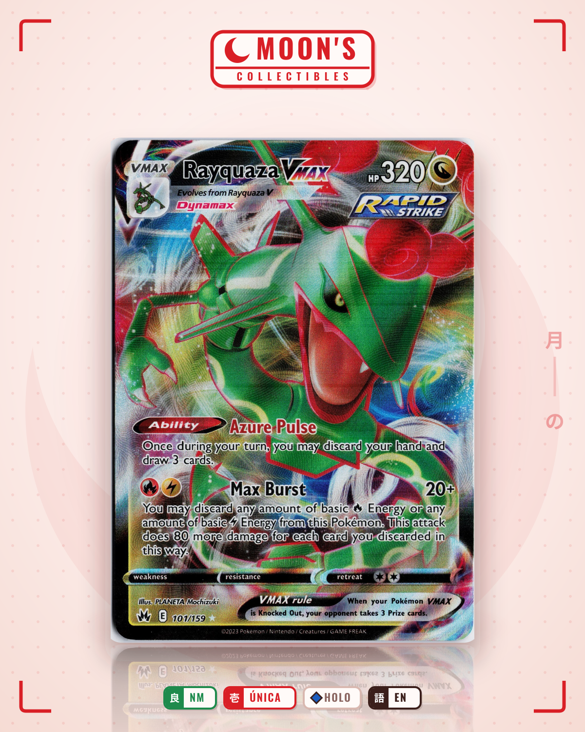 Carta Pokémon Rayquaza VMAX · Crown Zenith #101/159 (NM) — pieza única en Moon's Collectibles México