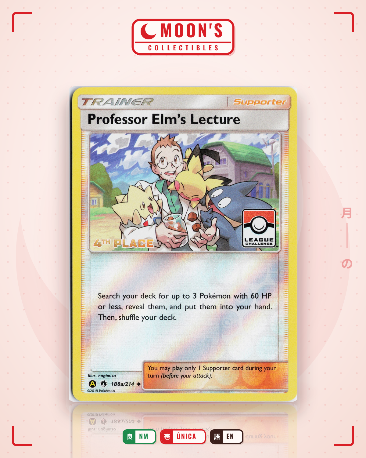 Carta Pokémon Professor Elm's Lecture · Lost Thunder #188a/214 (NM) — pieza única en Moon's Collectibles México