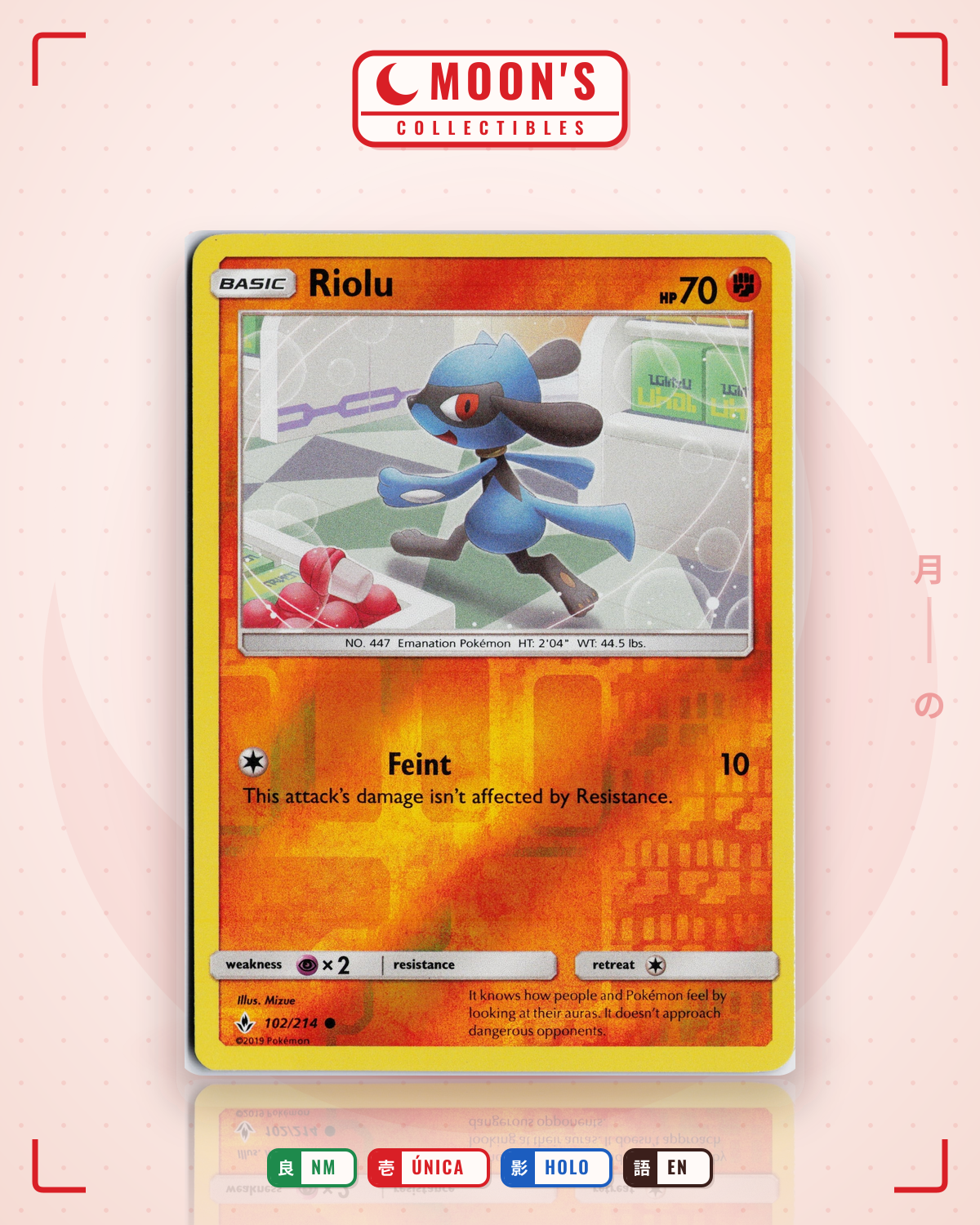 Carta Pokémon Riolu · Unbroken Bonds #102/214 (NM) — pieza única en Moon's Collectibles México