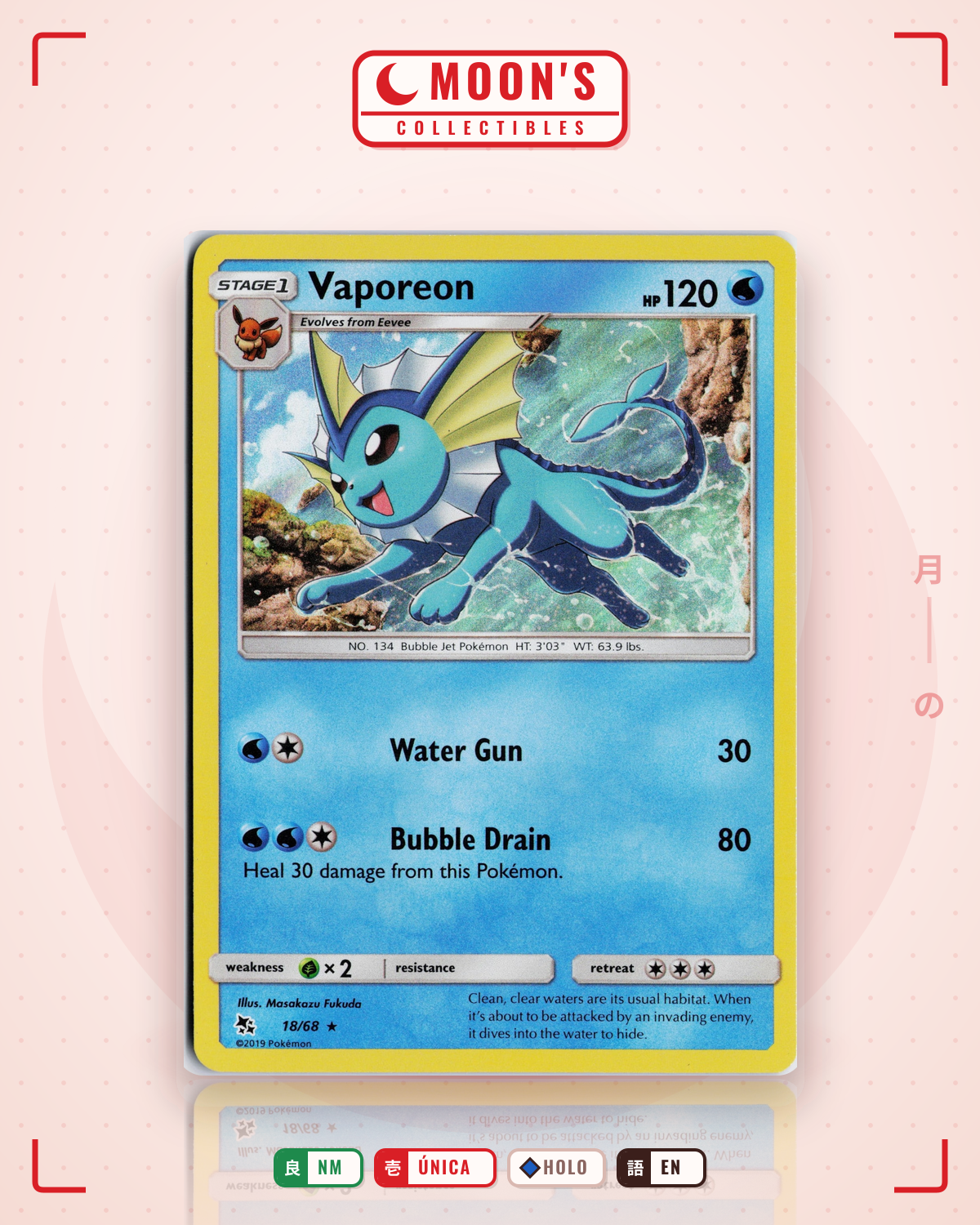 Carta Pokémon Vaporeon · Hidden Fates #18/68 (NM) — pieza única en Moon's Collectibles México