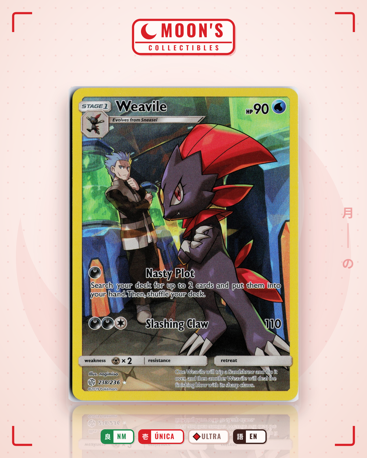 Carta Pokémon Weavile · Cosmic Eclipse #238/236 (NM) — pieza única en Moon's Collectibles México