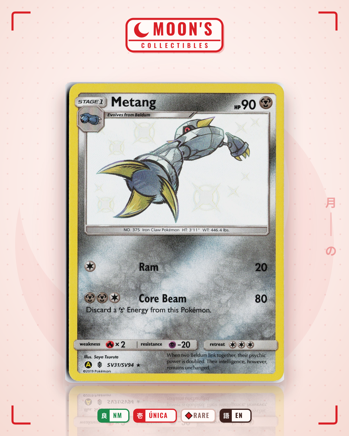 Carta Pokémon Metang · Hidden Fates Shiny Vault #SV31/SV94 (NM) — pieza única en Moon's Collectibles México