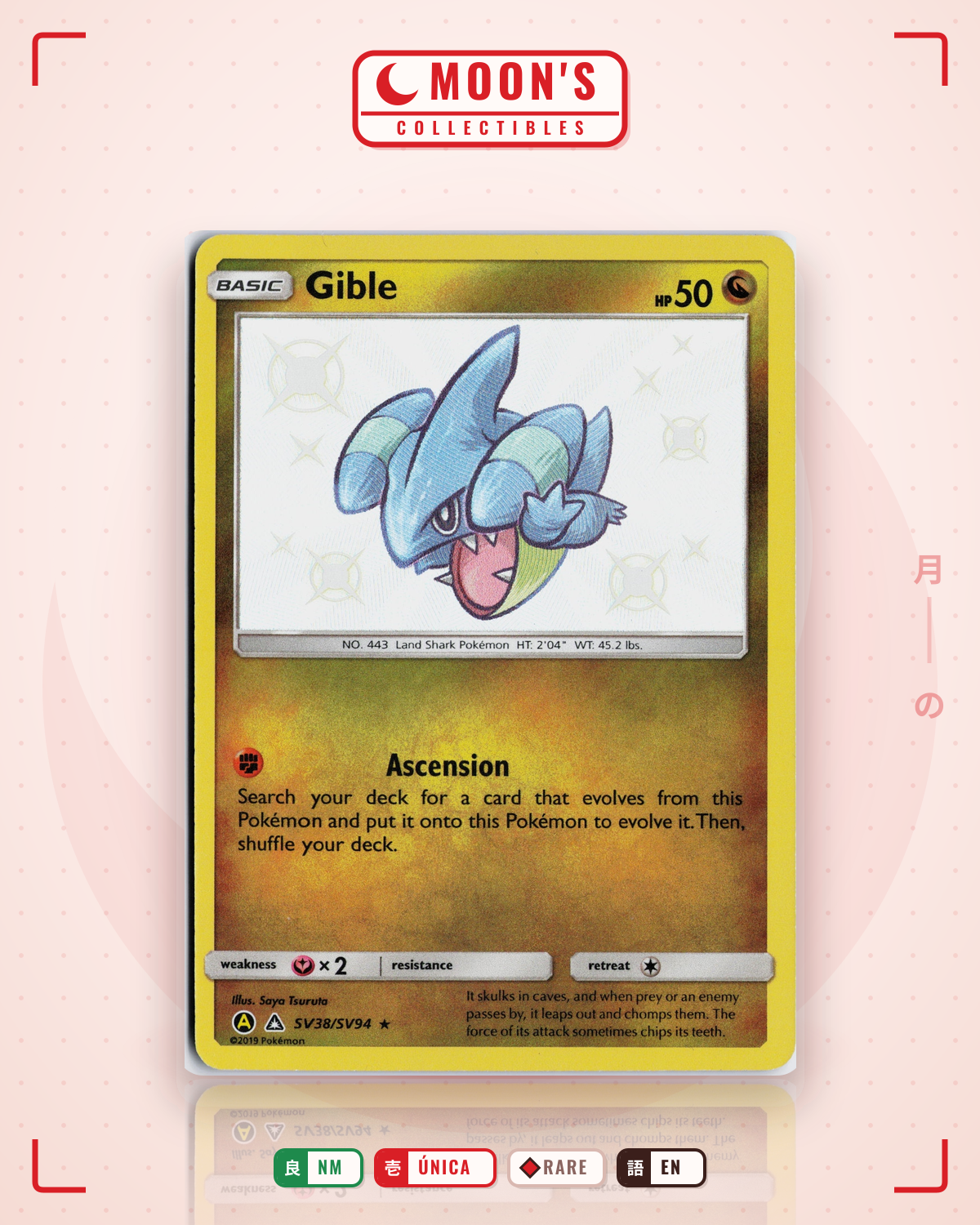 Carta Pokémon Gible · Hidden Fates Shiny Vault #SV38/SV94 (NM) — pieza única en Moon's Collectibles México