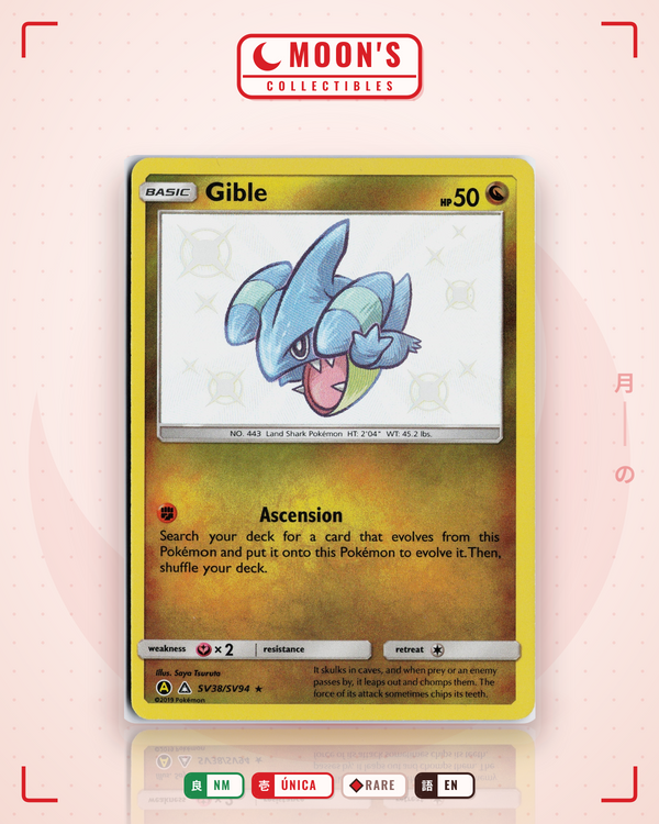 Carta Pokémon Gible · Hidden Fates Shiny Vault #SV38/SV94 (NM) — pieza única en Moon's Collectibles México