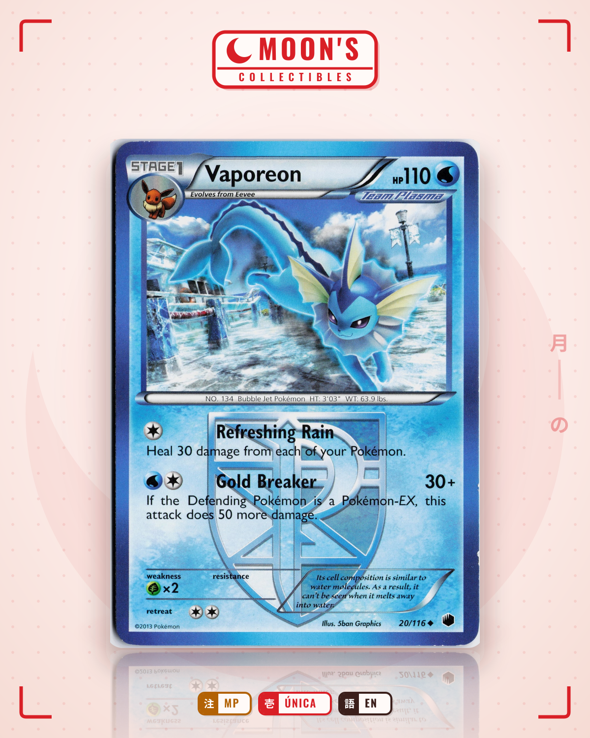 Carta Pokémon Vaporeon · Plasma Freeze #20/116 (MP) — pieza única en Moon's Collectibles México