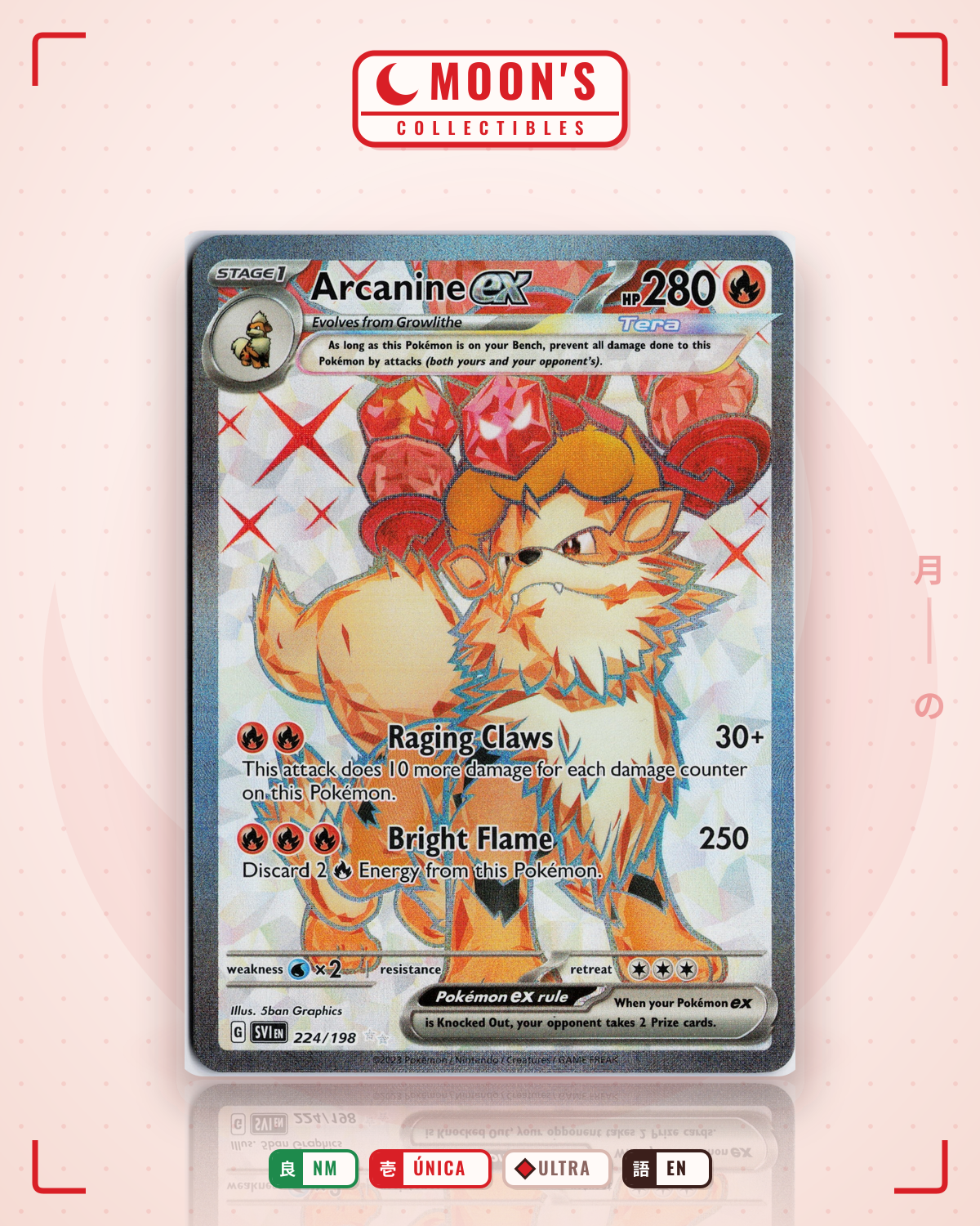 Carta Pokémon Arcanine ex · Scarlet & Violet #224/198 (NM) — pieza única en Moon's Collectibles México