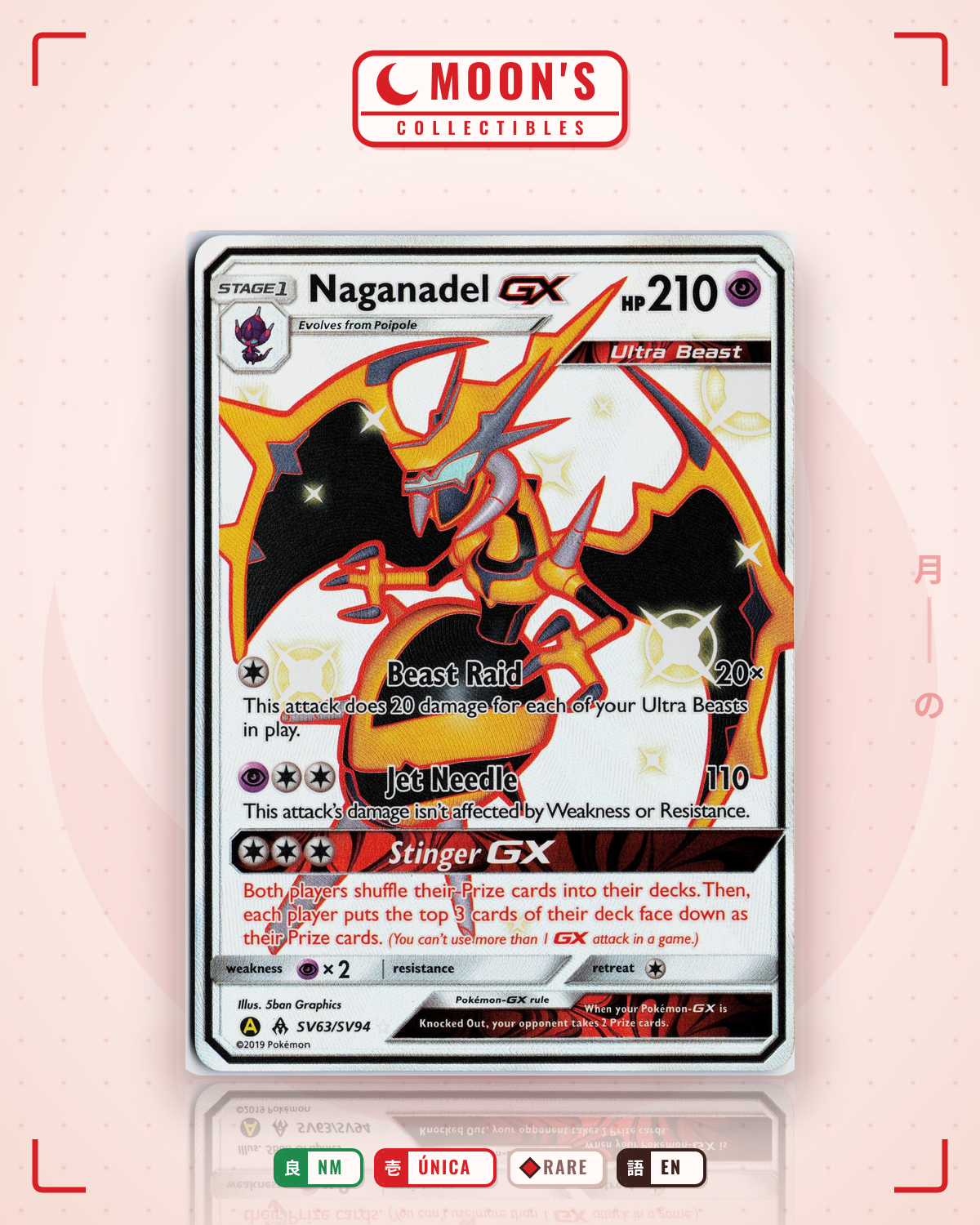 Carta Pokémon Naganadel-GX · Hidden Fates Shiny Vault #SV63/SV94 (NM) — pieza única en Moon's Collectibles México