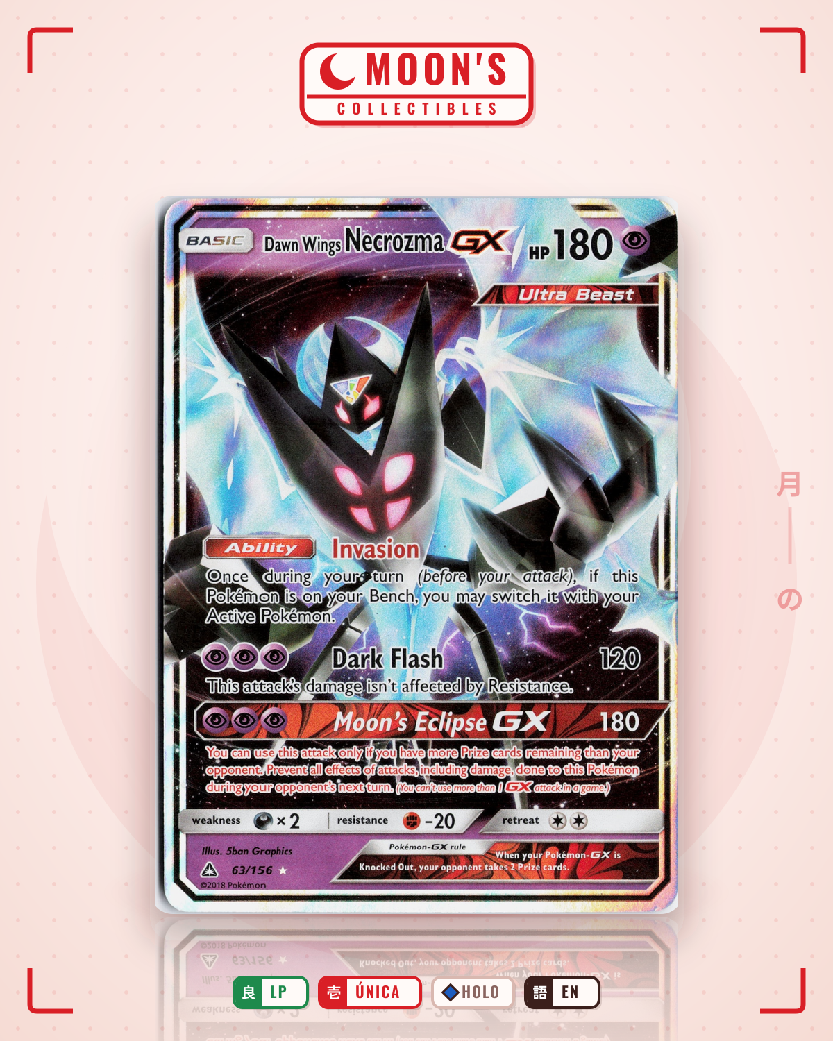Carta Pokémon Dawn Wings Necrozma-GX · Ultra Prism #63/156 (LP) — pieza única en Moon's Collectibles México