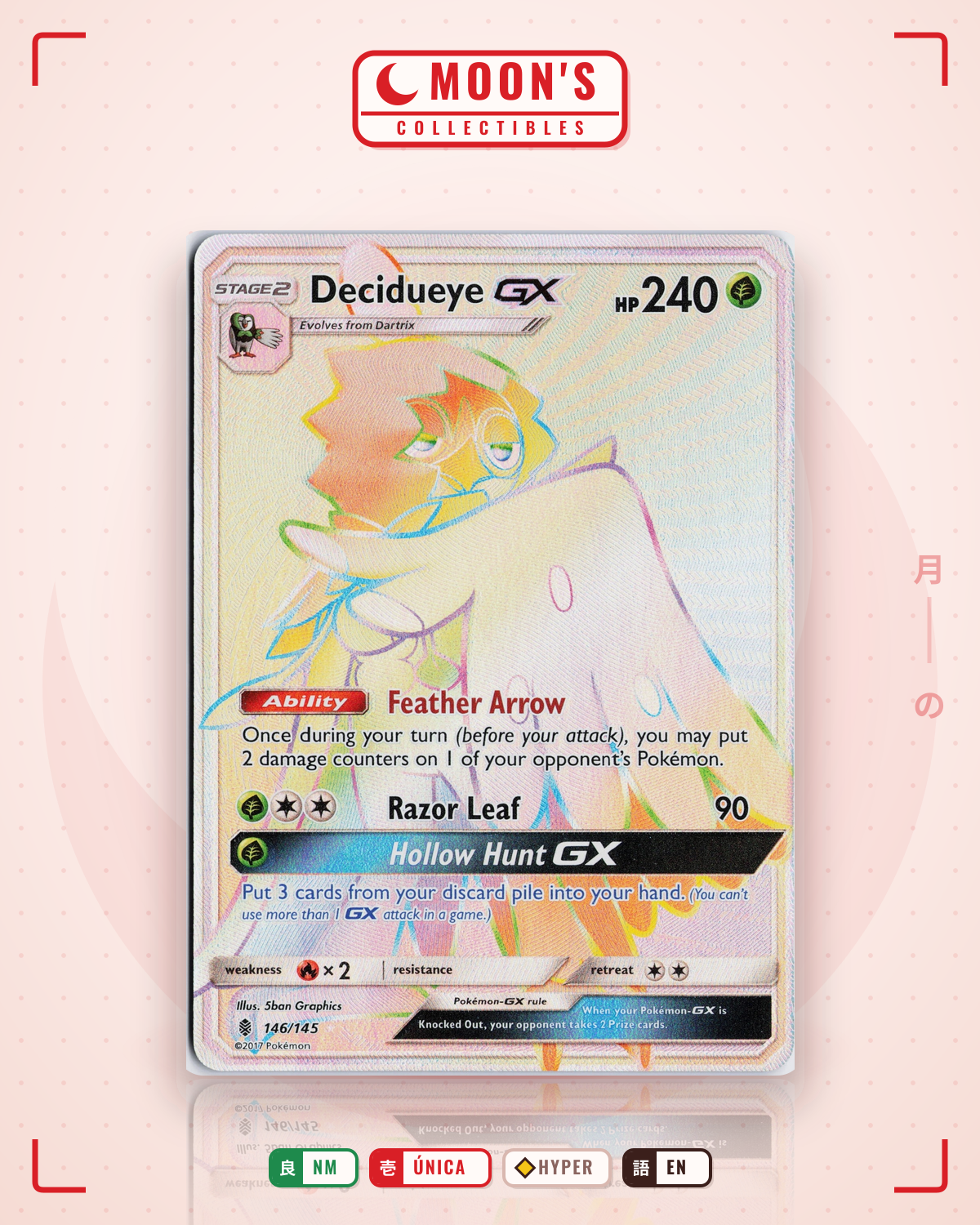 Carta Pokémon Decidueye-GX · Guardians Rising #146/145 (NM) — pieza única en Moon's Collectibles México