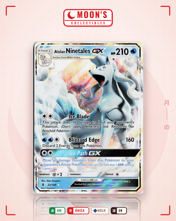 Carta Pokémon Alolan Ninetales-GX · Guardians Rising #22/145 (NM) — pieza única en Moon's Collectibles México