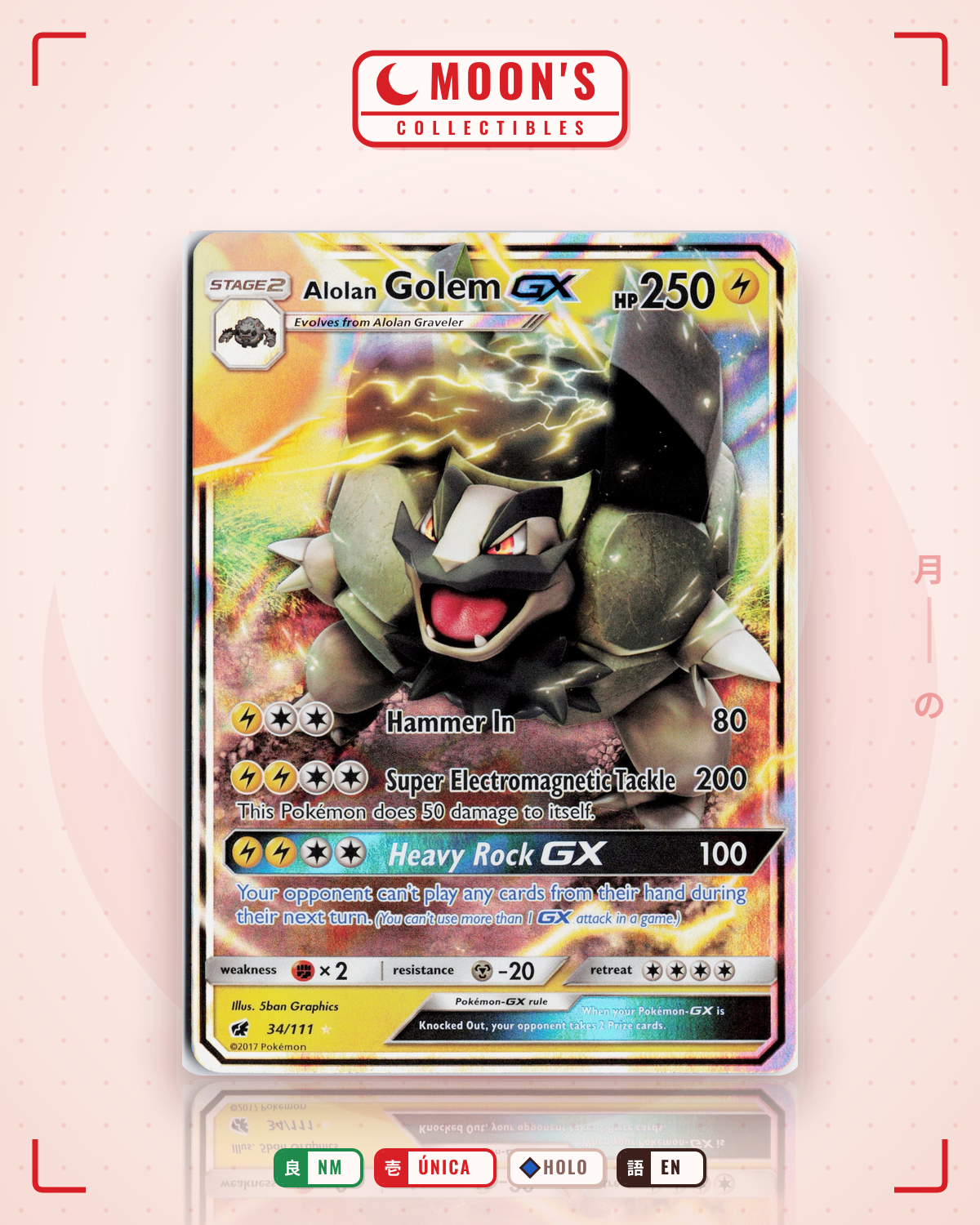 Carta Pokémon Alolan Golem-GX · Crimson Invasion #34/111 (NM) — pieza única en Moon's Collectibles México