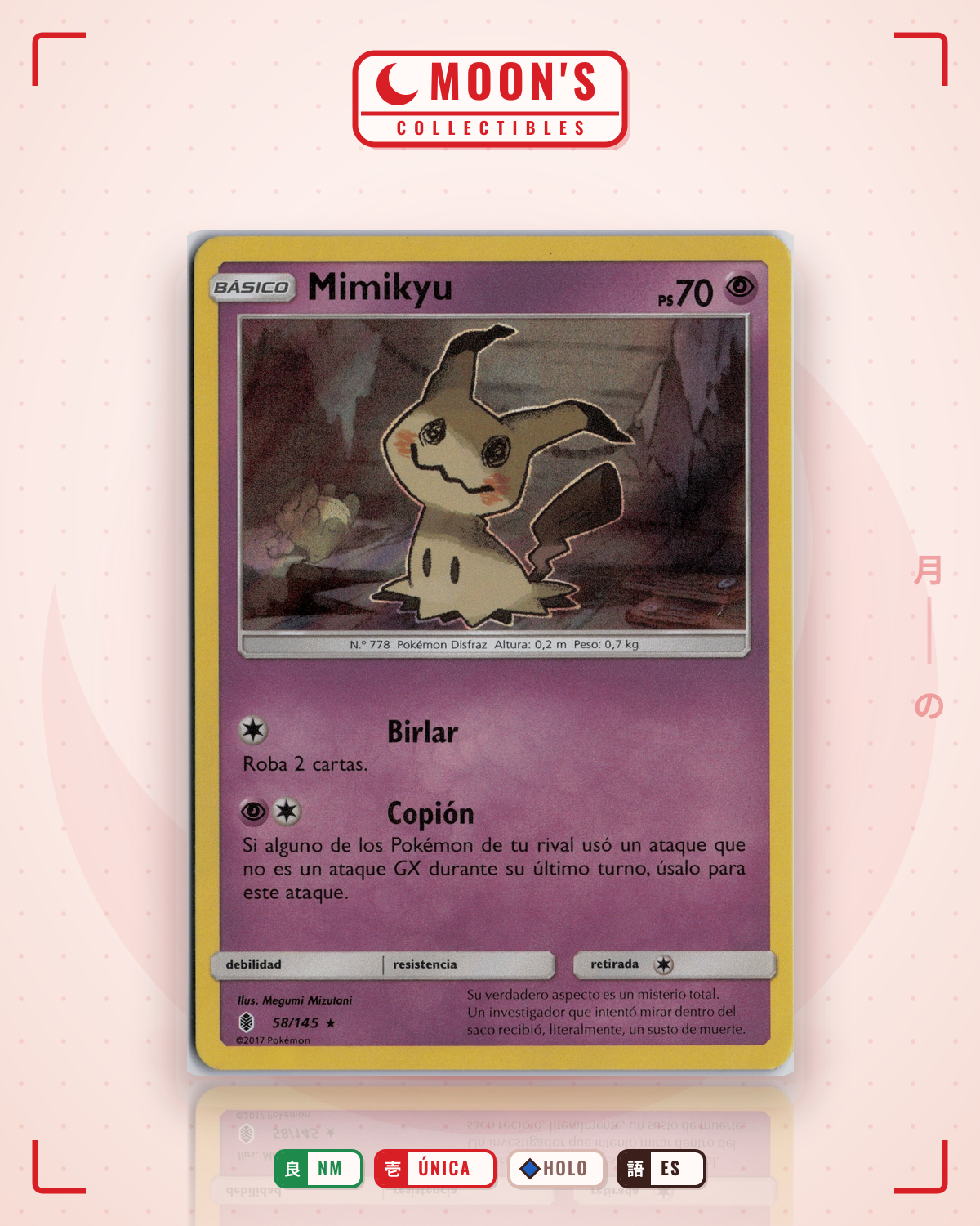 Carta Pokémon Mimikyu · Guardians Rising #58/145 (NM) — pieza única en Moon's Collectibles México