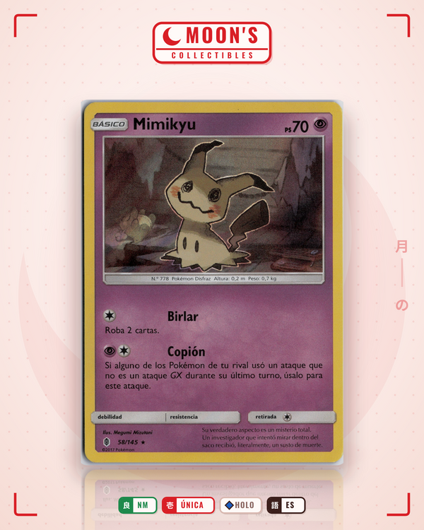 Carta Pokémon Mimikyu · Guardians Rising #58/145 (NM) — pieza única en Moon's Collectibles México