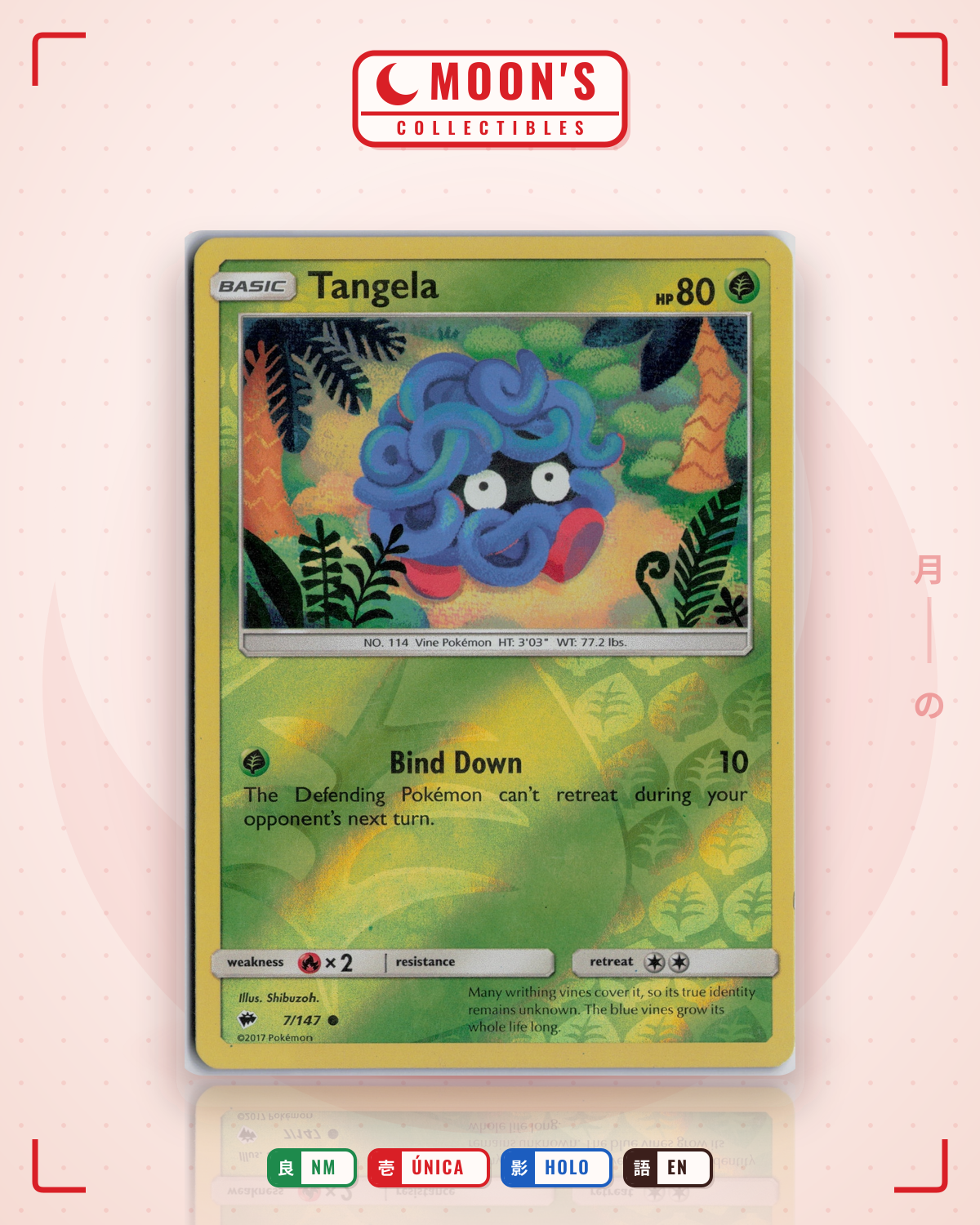 Carta Pokémon Tangela · Burning Shadows #7/147 (NM) — pieza única en Moon's Collectibles México