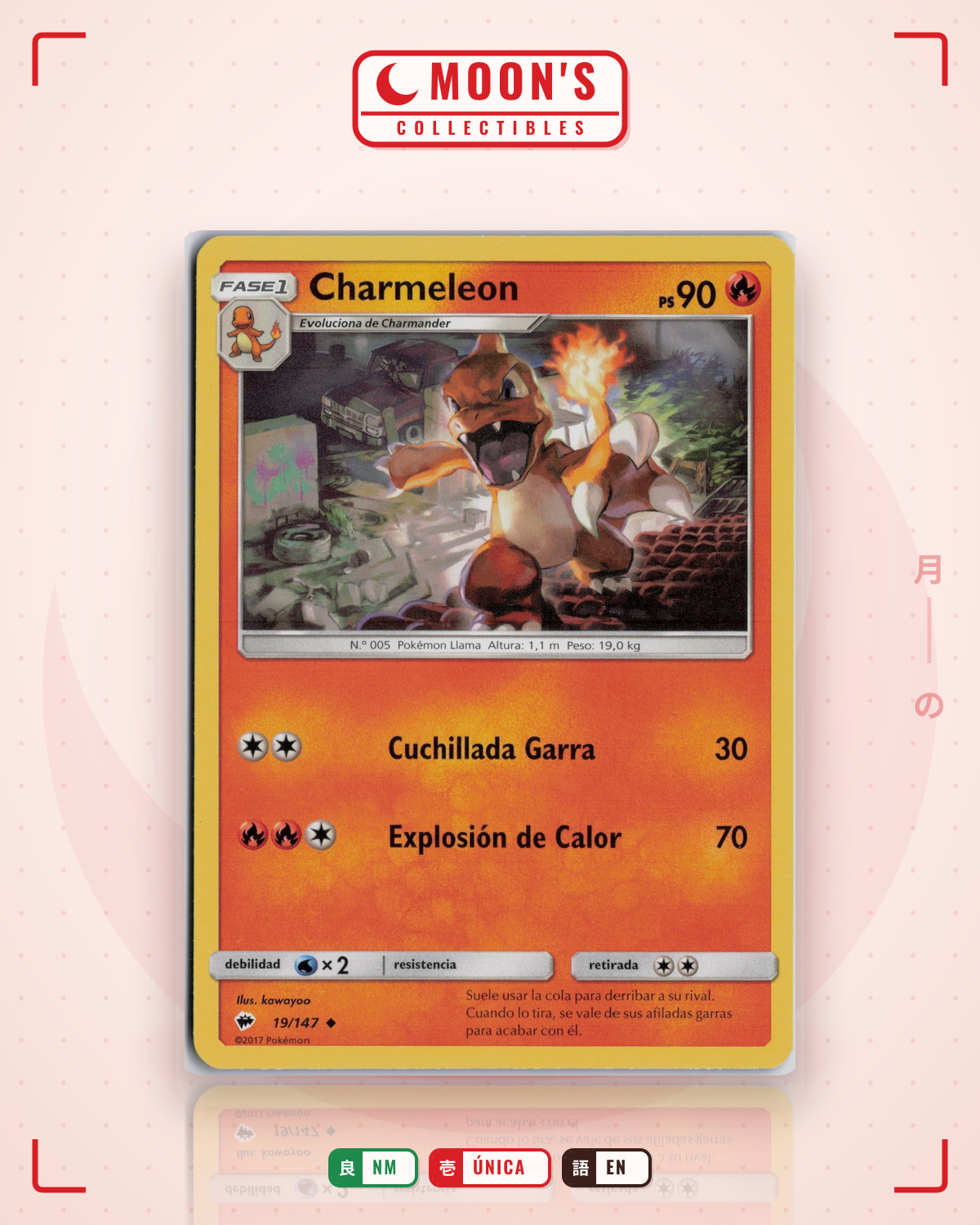 Carta Pokémon Charmeleon · Burning Shadows #19/147 (NM) — pieza única en Moon's Collectibles México