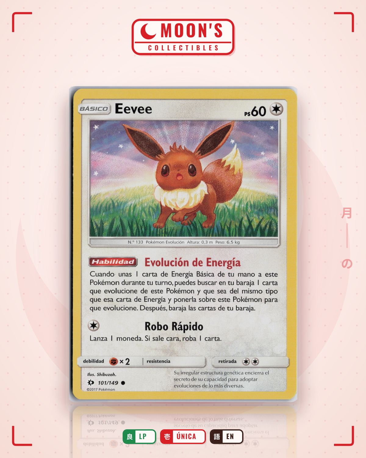 Carta Pokémon Eevee · Sun & Moon #101/149 (LP) — pieza única en Moon's Collectibles México
